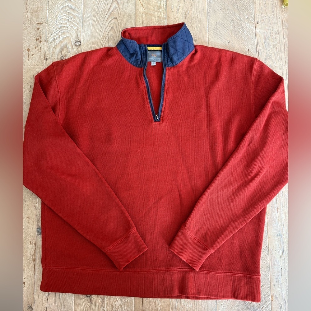 Thomas Dean Red Burnt OrangeZip-Up Sweater with Navy Trim L